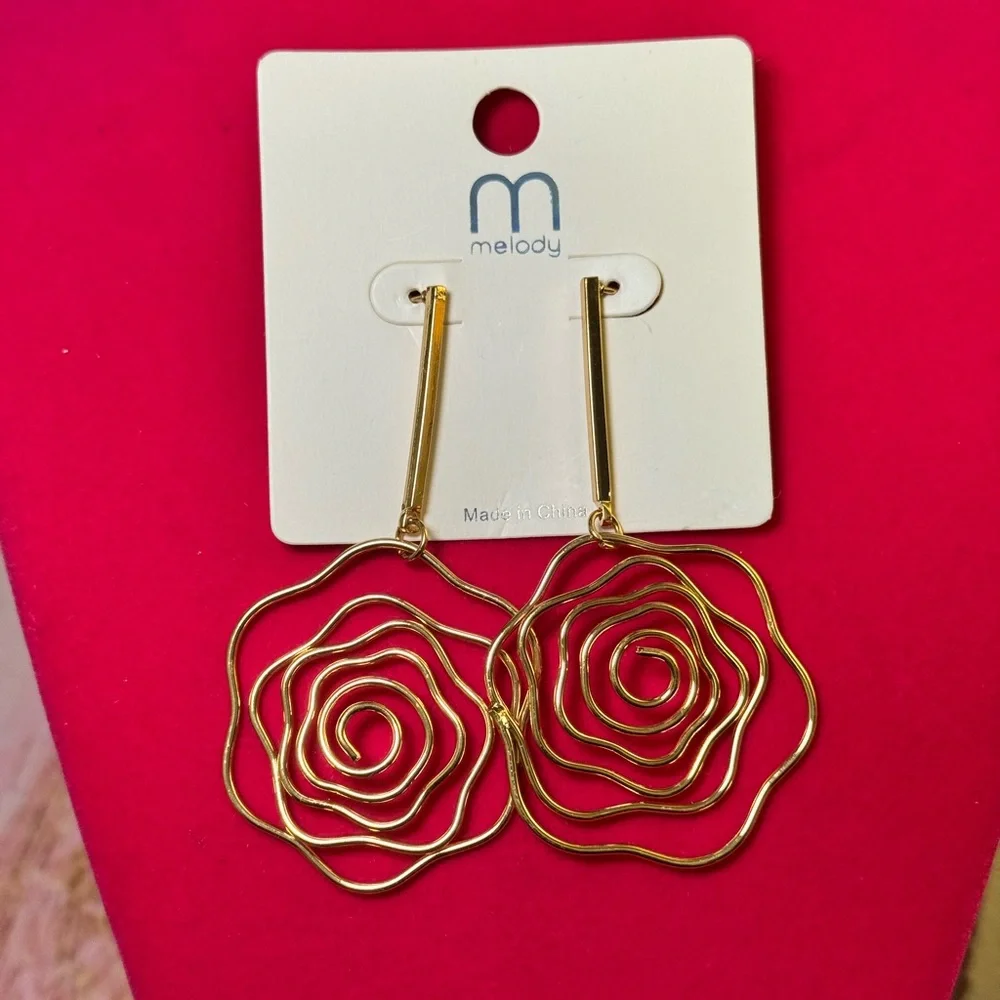 Gold Rose Wire Drop Earrings | Minimalist Statement Floral Dangle | Lightweight - Picture 5 of 5